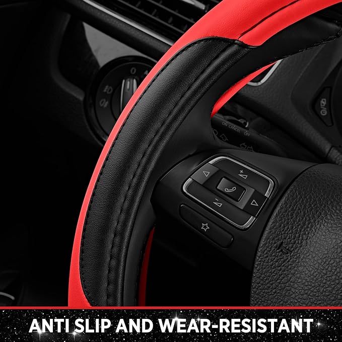 Road Comforts Leather Steering Wheel Cover - Made with PVC Leather - Anti-Slip, Universal Fit 14 1/2 inches to 15 inches - Re