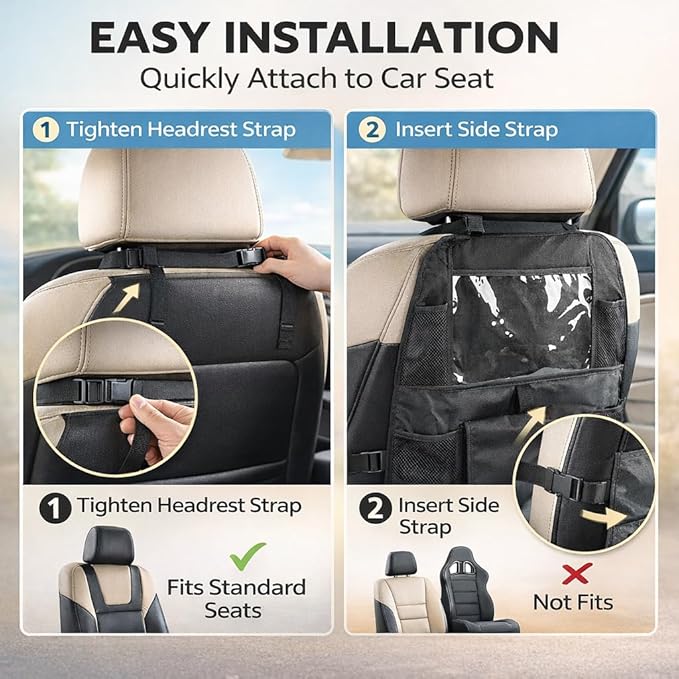 Car Backseat Organizer with 12 Storage Pockets, 12" Touch Screen Tablet Holder, Waterproof Kick Mats Seat Protector, Car Organizers and Storage for Kids, Road Trip Essentials（2 Pack，Black）