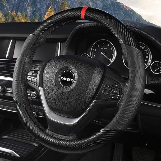 KAFEEK Car Steering Wheel Cover Men, Universal 15 inch, Microfiber Leather Carbon Fiber Black Steering Wheel Accessories, Ant