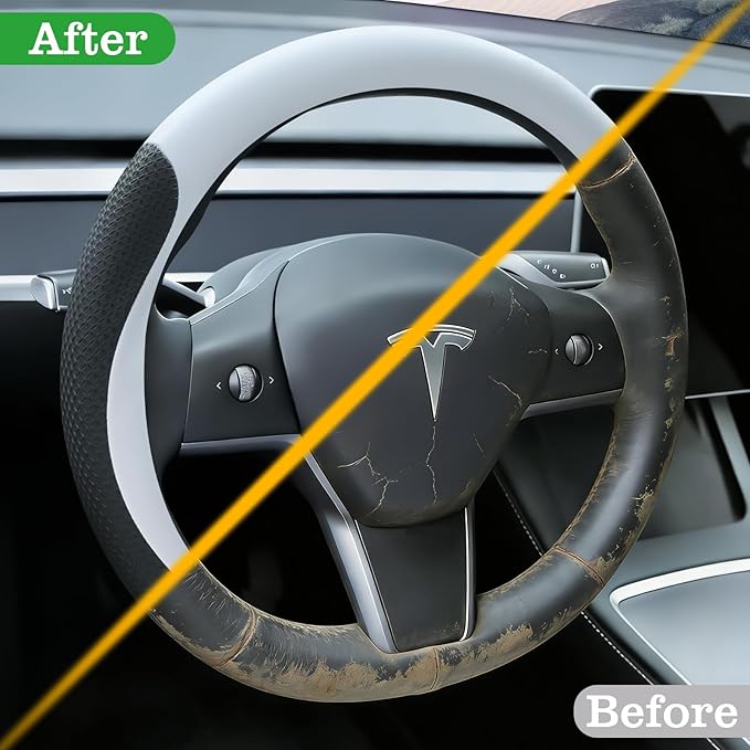 White Tesla Nappa Leather Steering Wheel Cover, Model 3/Y Accessories, Comfort Grip, Anti-Slip Breathable, Compatible with Te
