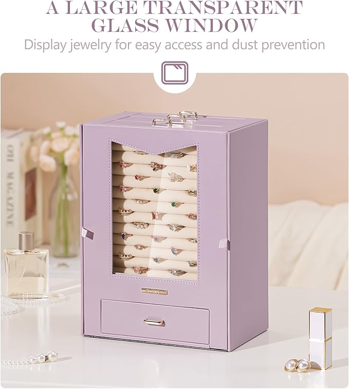 Homde Jewelry Organizer with Transparent Window Necklace Hooks Gift for Women Jewelry Box Display Case for Necklaces Rings Ea