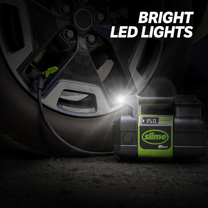 Slime 40086 Tire Inflator, Cordless, Pro Power, Portable Air Compressor Pump, Auto Shut-Off, Lithium Ion Battery and LED Light, Rechargeable, 3 min inflation