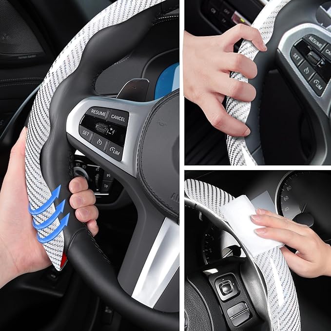 Car Steering Wheel Cover Set Bright Carbon Fiber Wrap Non-Slip 3pcs Steering Wheel Accessories 14.5-15 inch Universal (White)