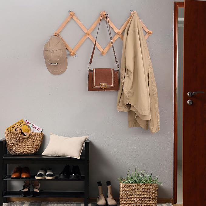SCUNDA Wall Rack with 10 Hooks, Wooden Wall Expandable Coat Rack for Coat, Hats, Baseball Caps, Coffee Mug, Jewelry(Natural)