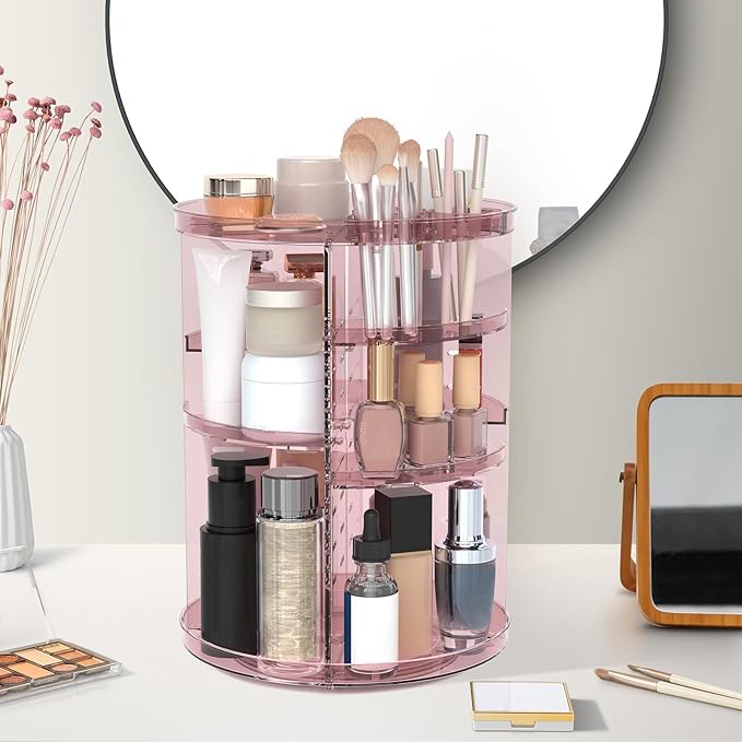 Rotating Makeup Organizer, DIY 8 Adjustable Layers 360 Spinning Skincare Organizers, Makeup Storage Carousel Tower with Brush
