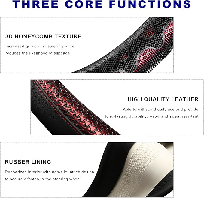 D-Shaped Steering Wheel Cover, Leather Car Wheel Protector with 3D Honeycomb Anti-Slip Design, Universal Breathable Comfy Cov