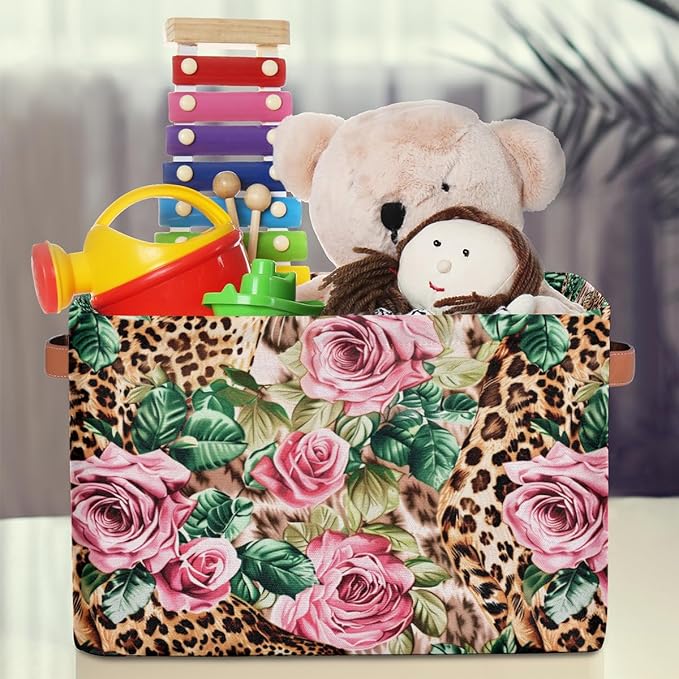 Leopard Print Floral Flower Storage Basket Collapsible Cloth Storage Cube Basket Bins Organizer with Handles Rectangular Larg
