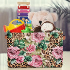 Leopard Print Floral Flower Storage Basket Collapsible Cloth Storage Cube Basket Bins Organizer with Handles Rectangular Larg