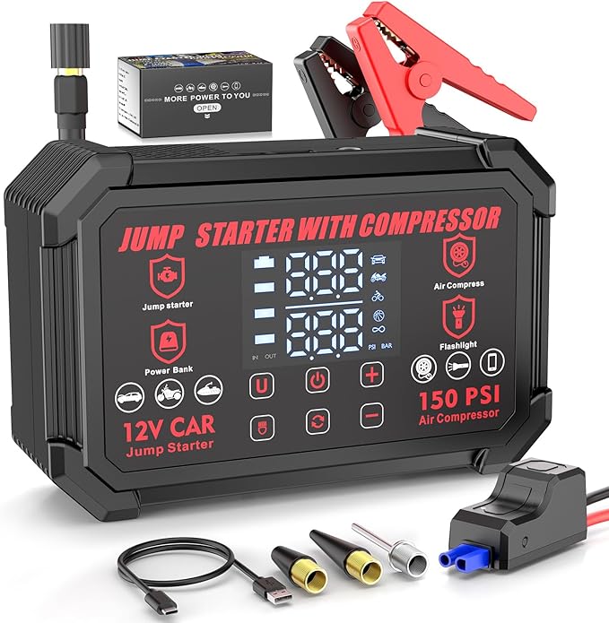 Jump Starter with Air Compressor, 4000A Peak Portable Car Battery Jumper Starter with 150PSI Auto-Shutoff Tire Inflator, 12V