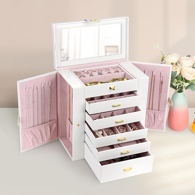 Kendal Extra Large Jewelry Box Jewelry Case PU Leather 6 Tier 5 Drawers Large Storage Capacity with Mirror Jewelry Storage Or
