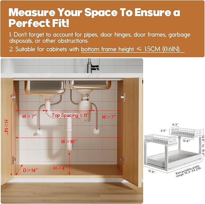 1 Pack Expandable Under Sink Organizers Storage With Upgrade Ball-Bearing Slide Tracks,2-Tier Pull Out Under Cabinet Organize