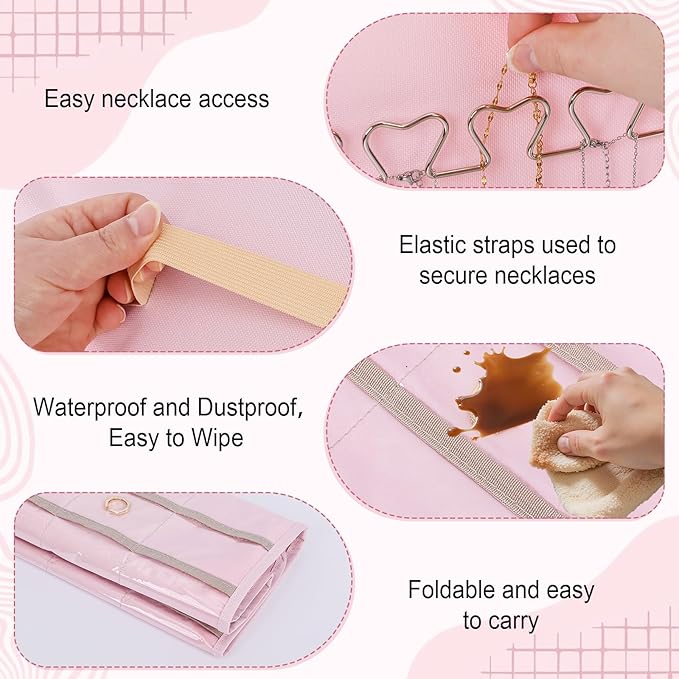 Dynoro Double-Sided Hanging Jewelry Organizer, Large Pink Storage Roll for Earrings, Necklaces, Rings, 48 Pockets 21 Hooks, D