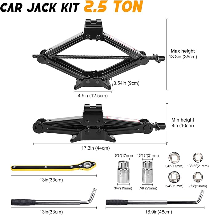 Scissor Car Jack 2.5 Ton (5511 lbs) Tire Changing Kit with Lug Wrench - Emergency Kit for Car, SUV, MPV