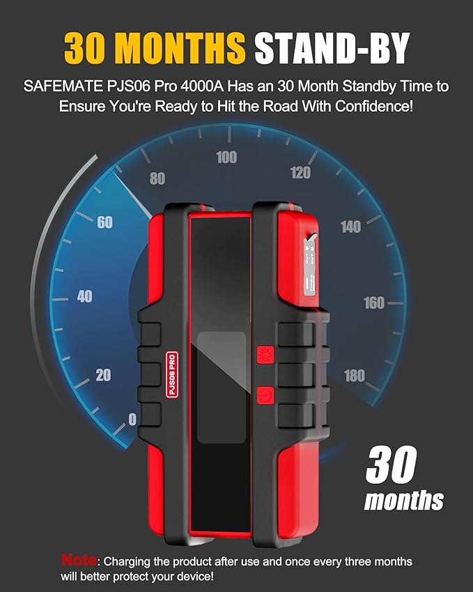 PJS06 Pro 4000A Car Jump Starter - Portable Power Bank with 40W Fast Charge, 10L Gas/9L Diesel Engine Starter, 3S Quick