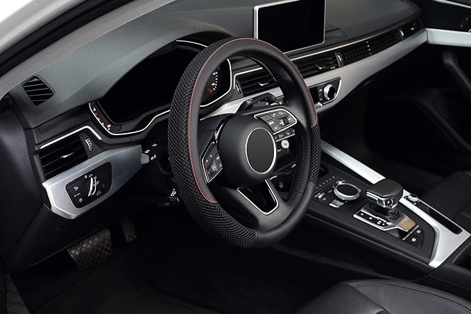 KAFEEK 15 inch Steering Wheel Cover, Cooling Ice Silk Mesh with Microfiber Leather, Ultra Breathable, Anti Slip Car Grip, Hea