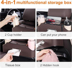Car Rear Backseat Extra Multifunctional Drink Cup Holder Organizers with Tissue Storage Box Organizer & Hooks for Car Seat Back (Brown)