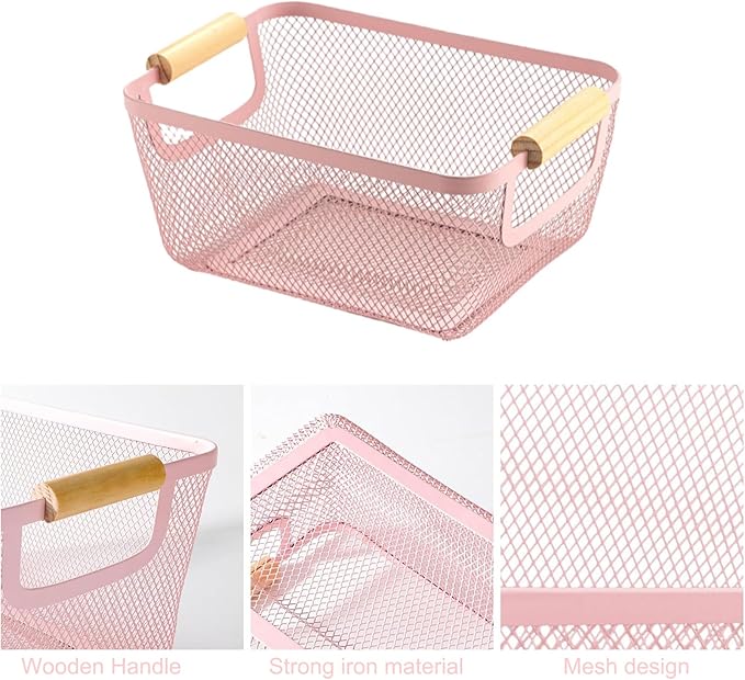 AJIODA Metal Mesh Steel Basket, Small Wire Storage Organizer Baskets Multi-function Hanging Kitchen Basket with Wood Handle f