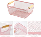 AJIODA Metal Mesh Steel Basket, Small Wire Storage Organizer Baskets Multi-function Hanging Kitchen Basket with Wood Handle f