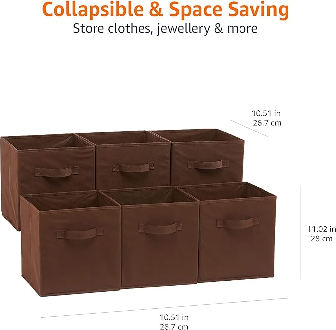 Amazon Basics Collapsible Fabric Storage Bins with Handles, Cube Organizer, Lightweight Fabric, 10.5"x10.5"x11", Brown, 6-Pac