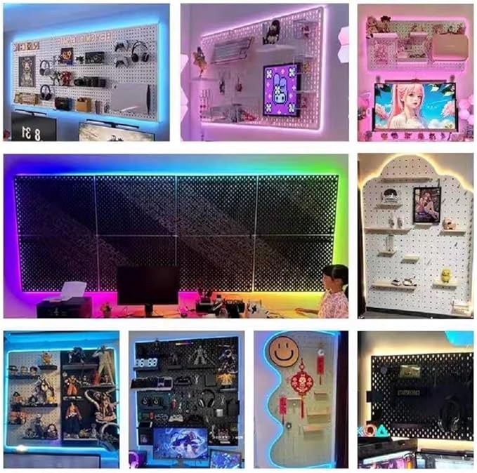 Peg Board with RGB+IC LED Strip Lights,2PCS Metal Pegboard Panels,Heavy Duty Pegboard Gaming Room Wall Organizer with Hooks,D