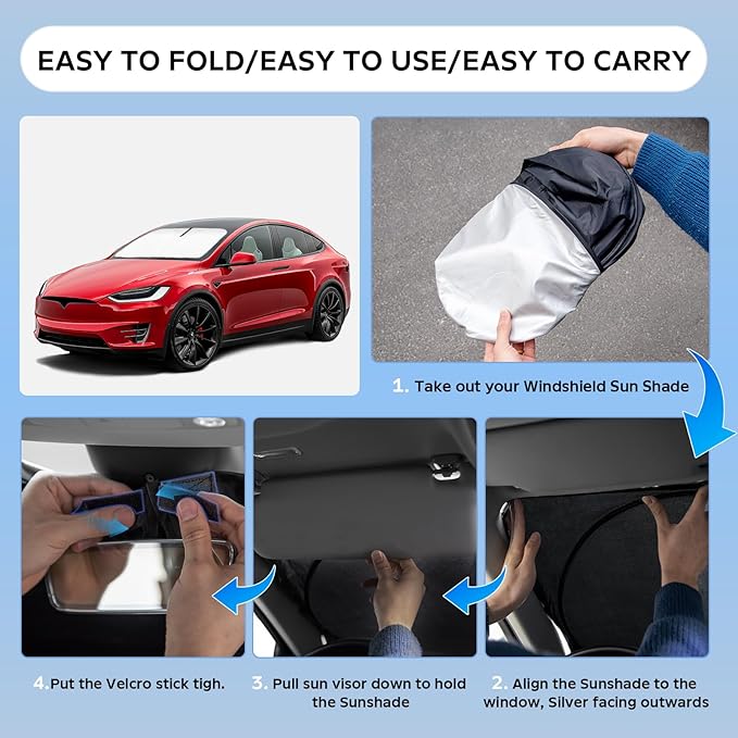 Sun Shade Sunshade for Tesla Model X 2016-2025 2026 Windshield Cover, 4-Layers Sun Shield 250T Silver Sun Visor Foldable Front Window Shade Blocks UV Rays Car Accessories