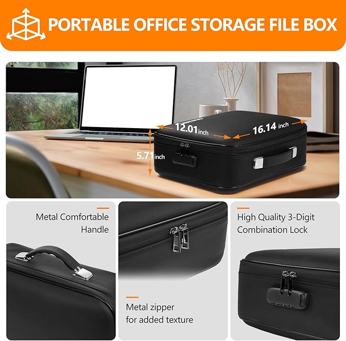Fireproof Document Box with Lock, Hard Case Portable Water Resistant File Organizer, 16" x 12"x 6" Home Travel Office Safe St