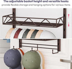 SWTYMIKI Over Door Hat Organizer - 5 Tier Wall Mounted Hat Rack with 4 Adjustable Metal Basket and 3 Hooks, Hanging Baseball 