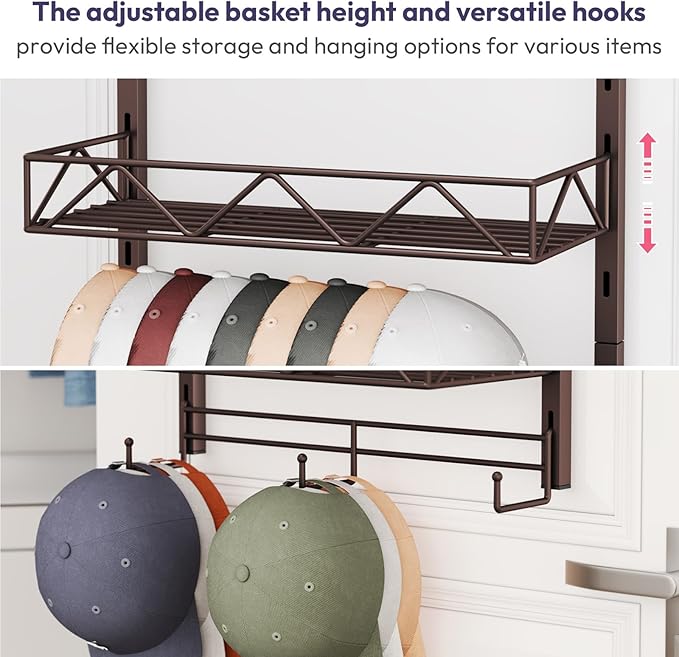 SWTYMIKI Over Door Hat Organizer - 3 Tier Wall Mounted Hat Rack with 2 Adjustable Metal Basket and 3 Hooks, Hanging Baseball 