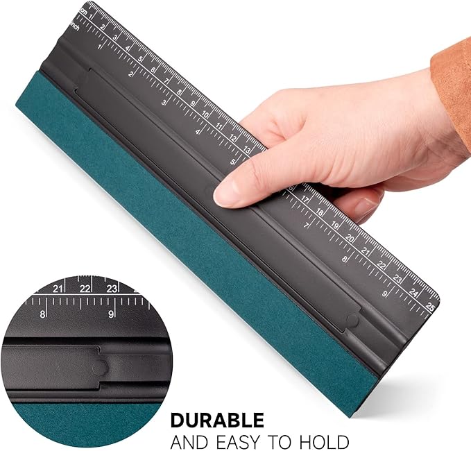 FOSHIO 10 Inch Felt Squeegee for Vinyl wtih Ruler 25CM 4 Round Corners Universal Card, Window Tint Film Installing Hard Black PP Car Vinyl Wrap Scraper Tool