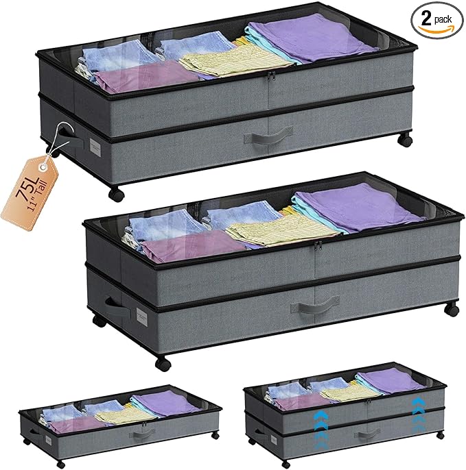 Under Bed Storage with Wheels, 2 Pack 75L Underbed Large Storage Bins with Lid, Adjustable Rolling Storage Containers for Clo