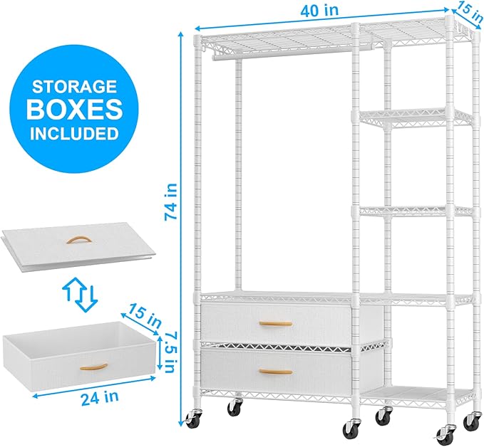 Ulif F3R Heavy Duty Clothes Rack（With Lockable Wheels）Freestanding Clothing Racks for Hanging Clothes，Adjustable Closet Organ
