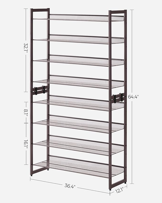 SONGMICS Shoe Rack, 8-Tier Shoe Organizer, Metal Rack for Garage, Set of 2, 4-Tier Stackable Shelf, with Adjustable Flat or A
