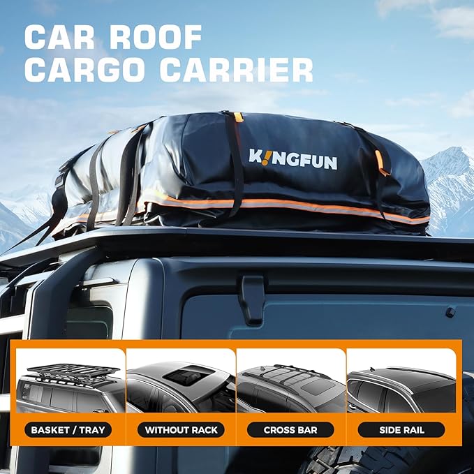 Kingfun Rooftop Cargo Carrier - Waterproof 20 Cubic Feet Car Roof Bag for All Vechicles with/Without Racks, Includes Anti-Slip Mat, 8 Reinforced Straps, 6 Door Hooks, Luggage Lock