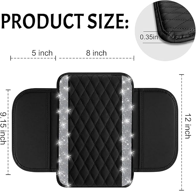 NBTEPEM Bling Car Center Console Cover, Leather Car Arm Rest Cover Cushion with 2 Storage Bags, Universal Auto Armrest Protector Storage Box, Bling Accessories Interior for Most Vehicles (Silver)
