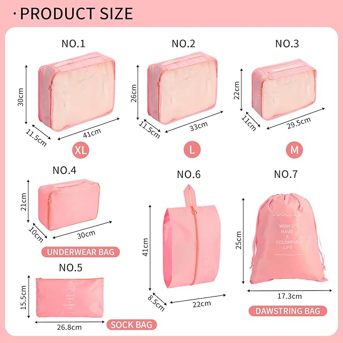 7PCS Packing Cubes for Suitcases, Travel Luggage Organizer Bags, Suitcase Organizer Bags Set for Carry on Luggage Travel Esse