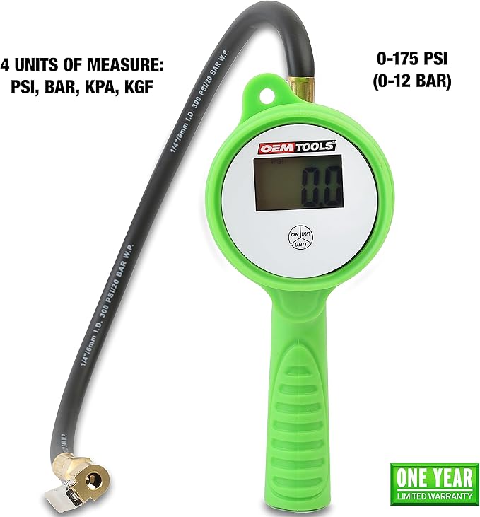 OEMTOOLS 24412 Digital Tire Inflator with Tire Pressure Gauge, Digital LCD Display, 0 to 175 PSI Air Pressure Gauge for Tires with 21” Hose and Clip-On Air Chuck