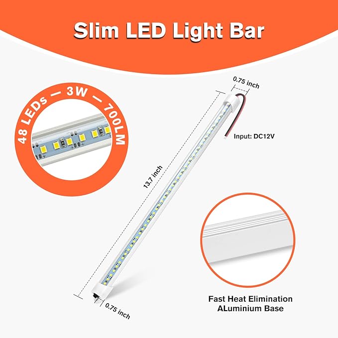 12V Interior LED Light Bar, DC 12V LED Light Strip w/Switch for Car, Trailer, Truck Bed, Van, RV, Cargo, Boat, Cabinet, Slim Enclosed Trailer Lights Fixture, 12 Volt Led Lighting (700LM 6000K)