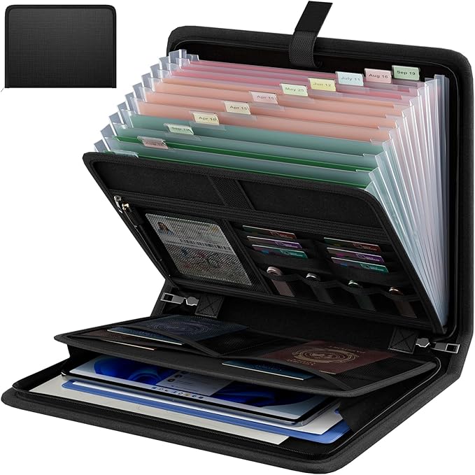 Huolewa Fireproof Accordion File Organizer, Portable Expanding File Folder with Waterproof Zipper&Labels, Black Document Orga