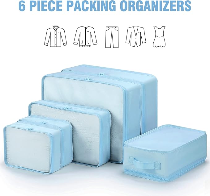 Mossio 6 Set Packing Cubes with Shoe Bag - Lightweight Travel Luggage Suitcase Organizers