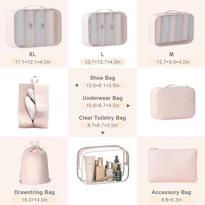 8 Set Packing Cubes for Travel with Clear Toiletry Bag, Durable Luggage Packing Organizers, Carry-On Accessories, TSA Approve