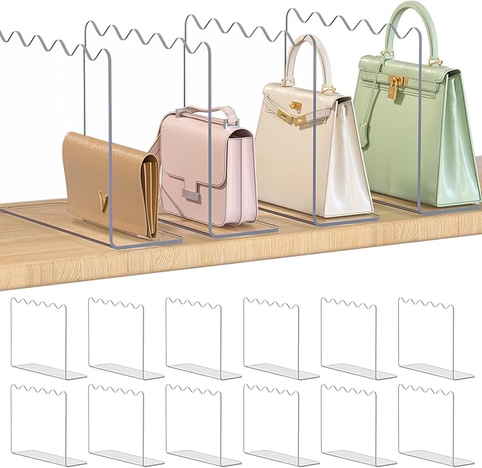 OKPOW Shelf Dividers Purse Organizer for Closet, 10" Tall X 12" Deep, Acrylic Clear, Sturdy Separators for Purse Clothes, Eas