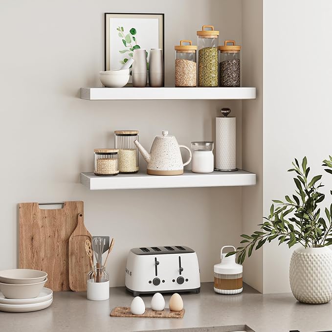 Fixwal White Shelves, 22" Long Floating Shelves for Living Room, Bedroom, Bathroom and Kitchen, Wall Mounted Shelves for Stor