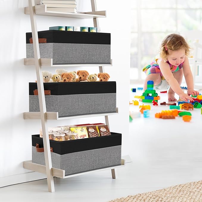 3 Pack Large Capacity Storage Bins Closet Organizer for Shelves, Fabric Closet Storage Baskets Boxes with Leather Handles for