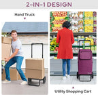 KEDSUM 2 in 1 Shopping Carts for Groceries, 330 lbs Grocery Cart on Wheels, Foldable Utility Carts with Wheels, Load-Bearing Hand Truck with Waterproof Bag for Shopping,Camping,Laundry,Garden, Purple