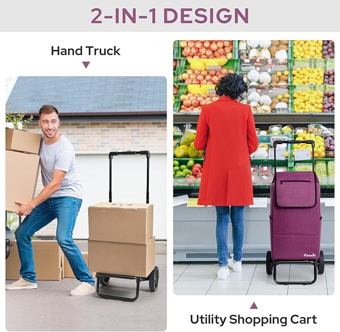 KEDSUM 2 in 1 Shopping Carts for Groceries, 330 lbs Grocery Cart on Wheels, Foldable Utility Carts with Wheels, Load-Bearing Hand Truck with Waterproof Bag for Shopping,Camping,Laundry,Garden, Purple