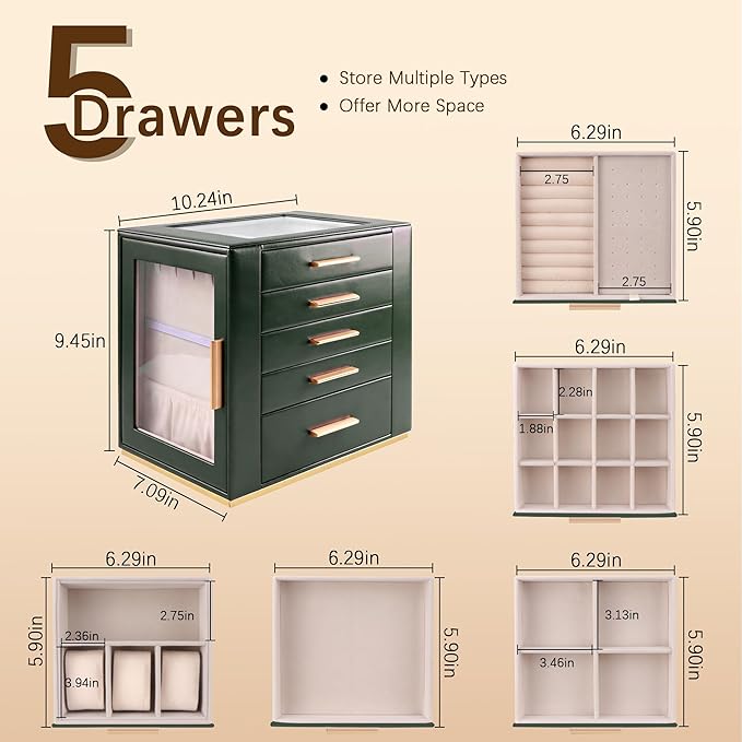Homeanda Jewelry Box for Women with Glass Lid, 5 Drawers Jewelry Organizer and Storage for Necklaces, Rings, Earrings, Bracel