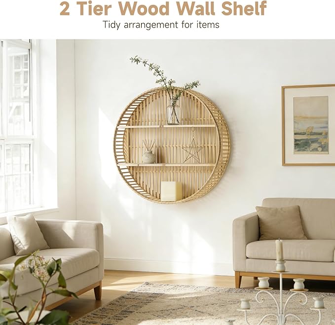 OMISTAR Rattan Wall Shelf, 3 Tier Round Wall Mounted Shelf, Handwoven Boho Floating Display Shelf, Farmhouse Hanging Storage 