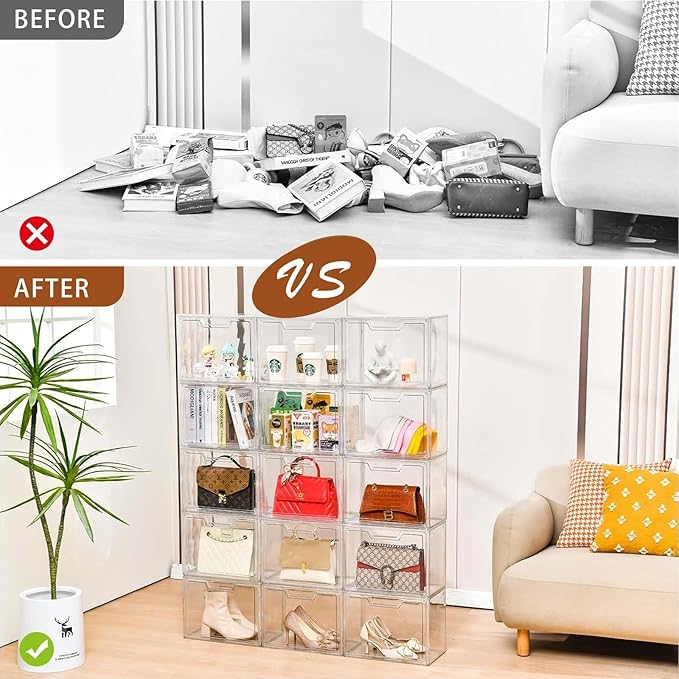 3 Pack Clear Storage Bins with Lids, Storage Containers with Magnetic Door, Stackable Acrylic Display Case for Handbags, Cosm