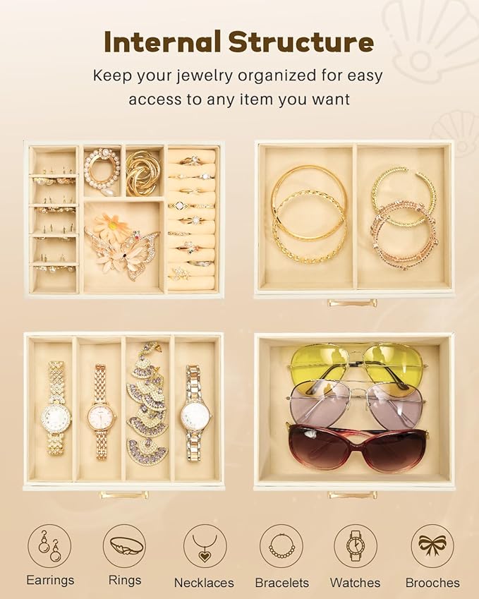 Enthralite Jewelry Box with 3 Drawers: Display Organizer for Earrings Necklaces - Gift for Girls Women (White)