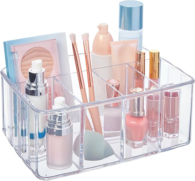 STORi 5-Compartment Clear Plastic Organizer | Rectangular Divided Makeup and Vanity Storage Bin and Office Desk Caddy | Scall